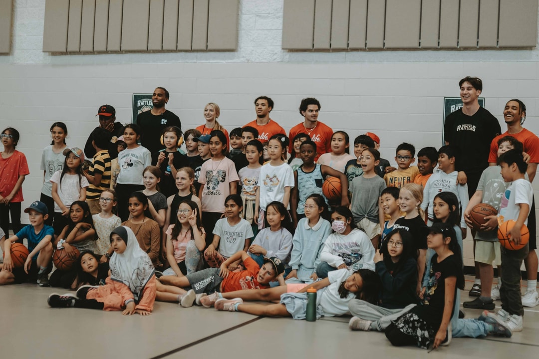 A full camp group photo from the HoopLife and Rattlers community partnership