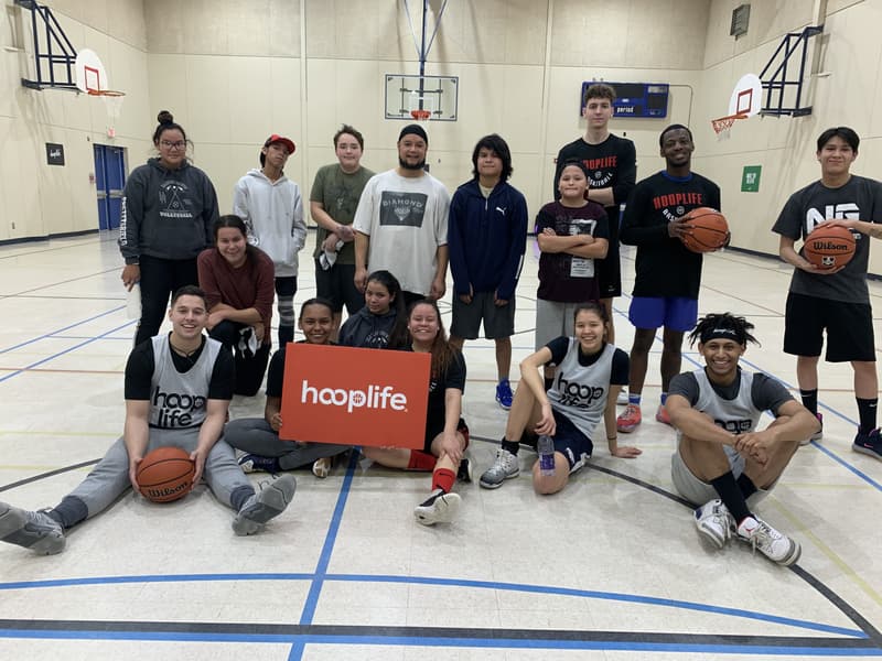 The White Bear First Nation camp group with their HoopLife coaches and the hooplife sign